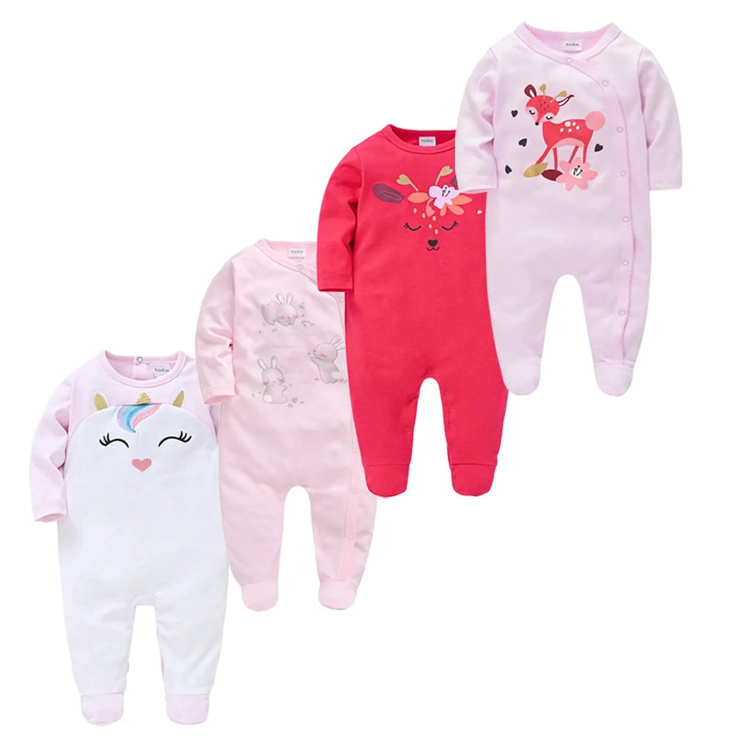 Four 100% cotton long-sleeve baby rompers: white unicorn, light pink bunnies, red floral, and pink deer.