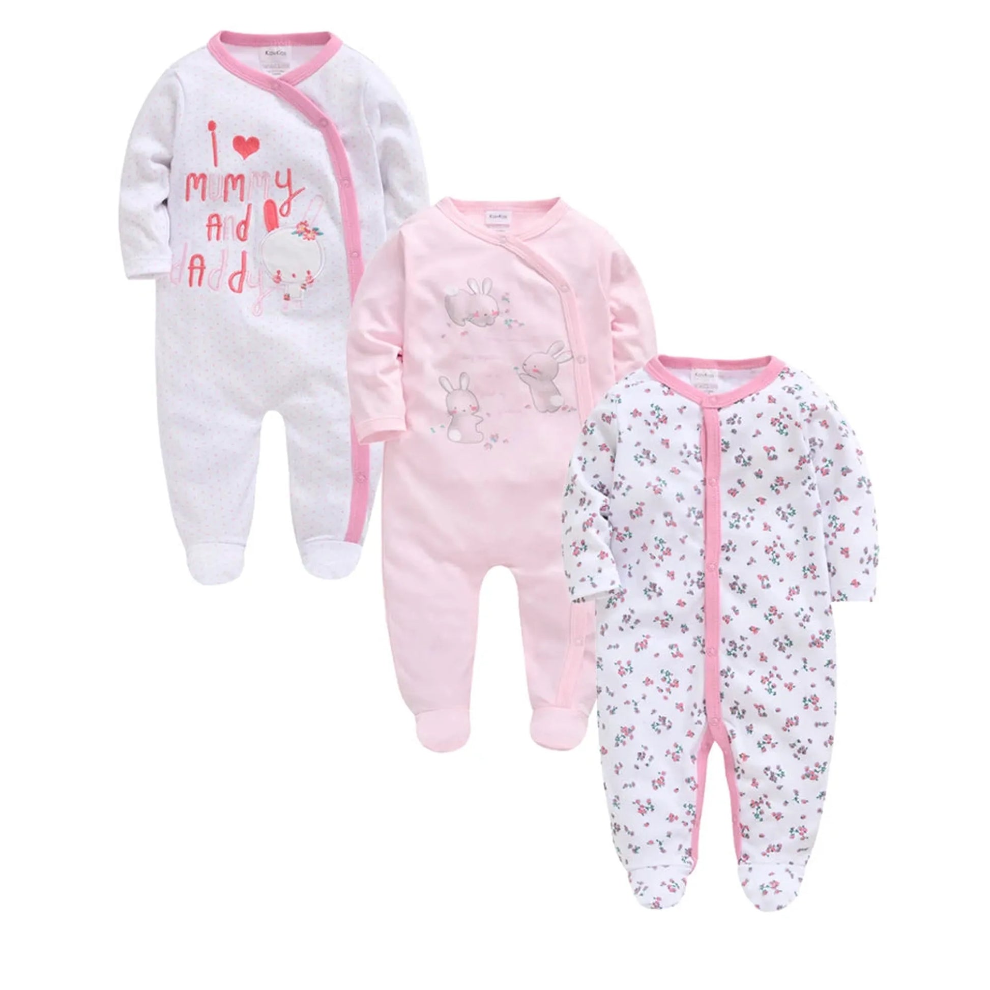 Three 100% cotton baby rompers: white with "I Love Mummy And Daddy" and bunny, pink with bunnies, and white floral.