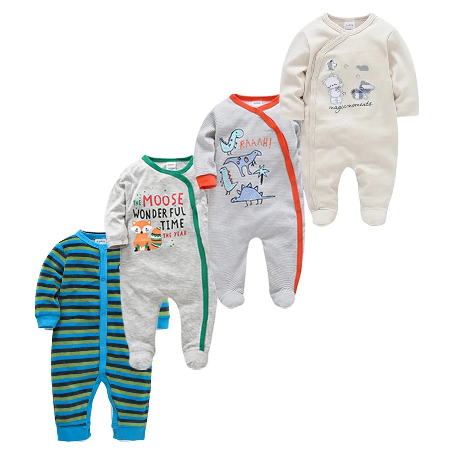 Four long-sleeve 100% cotton baby rompers: striped blue, grey with fox, grey with dinosaurs, and beige with animals.