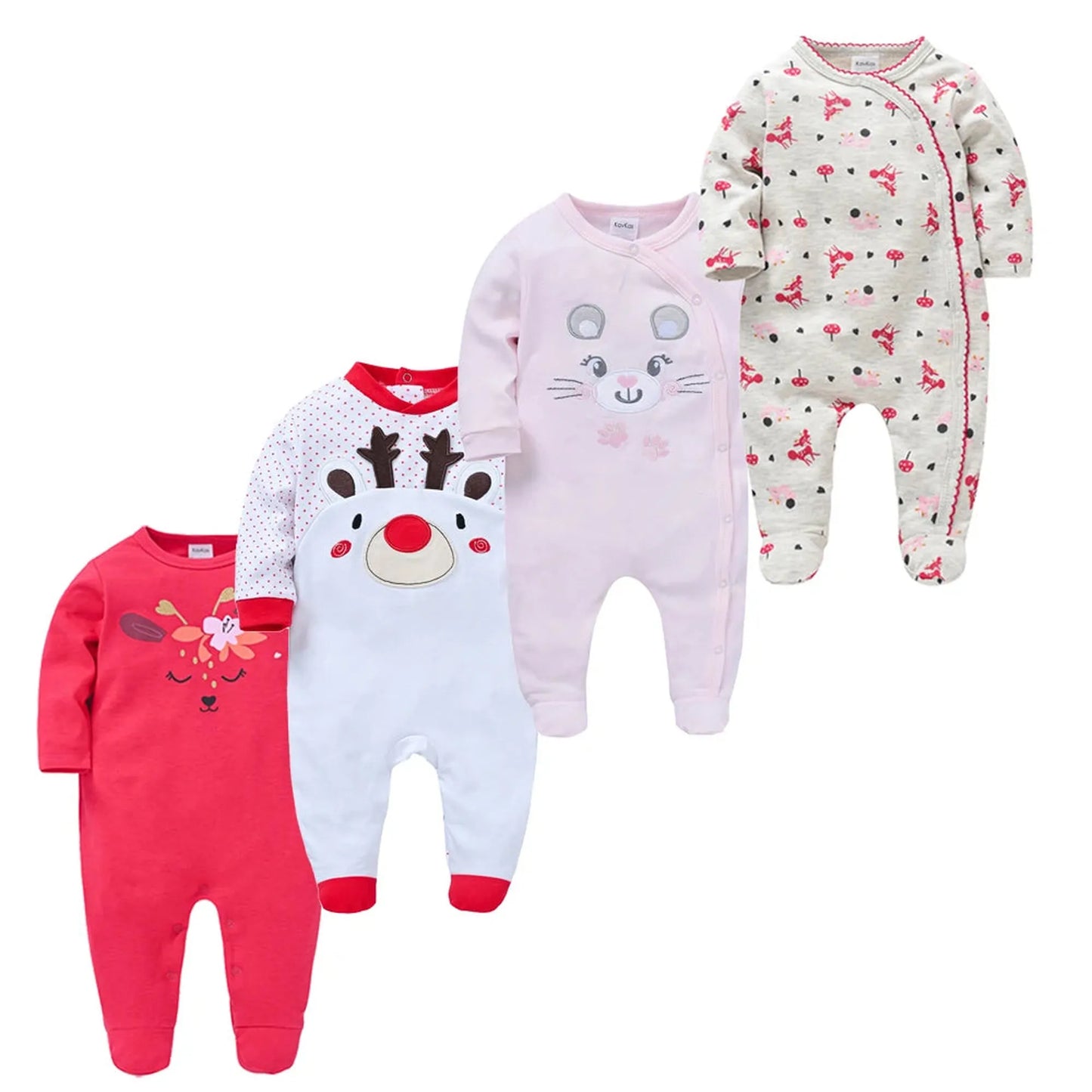 Four 100% cotton long-sleeve baby rompers: red, white reindeer, pink mouse, and cream with red print.