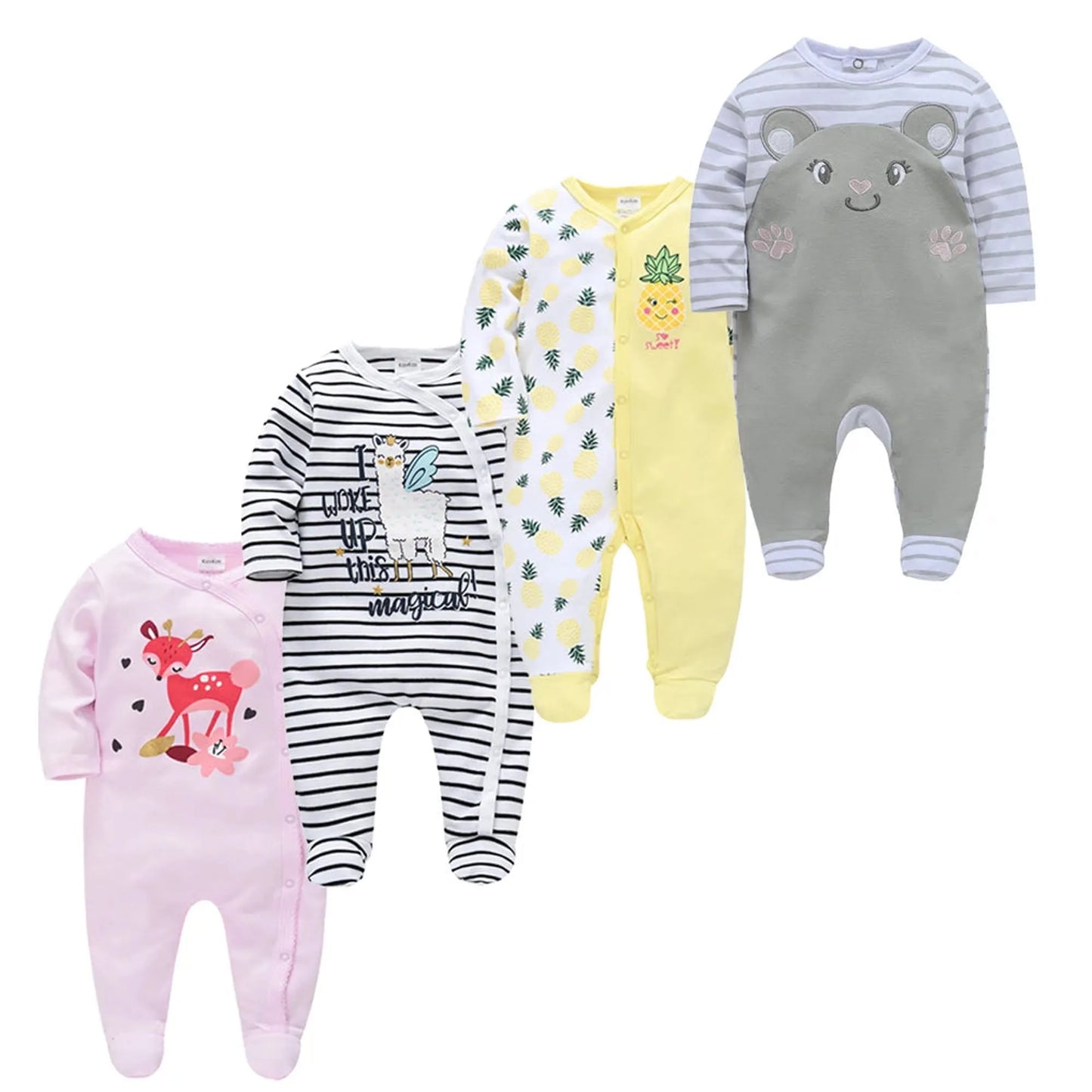 Four 100% cotton long-sleeve baby rompers: pink deer, striped llama, yellow pineapple, and grey bear.