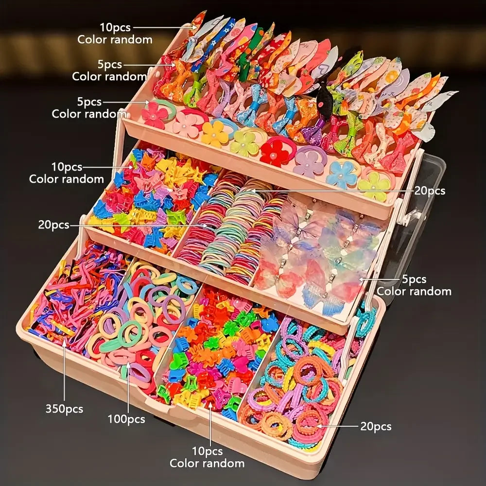 Large pink tiered organizer filled with 555 colorful butterfly hair clips, elastic bands, and mini claw clips for girls.