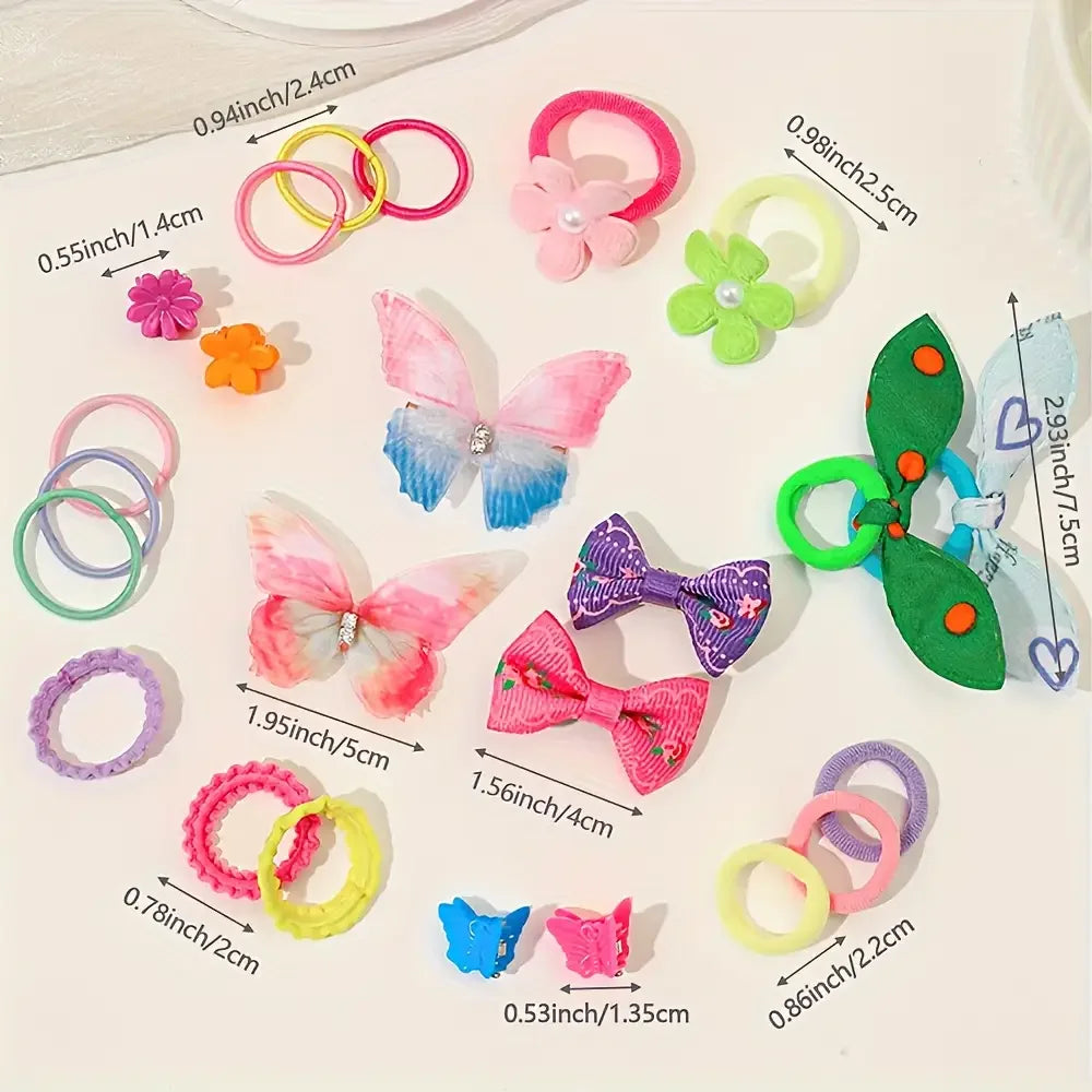 Colorful set of 555 hair accessories for girls, including butterfly clips, flower clips, and elastic hair ties.