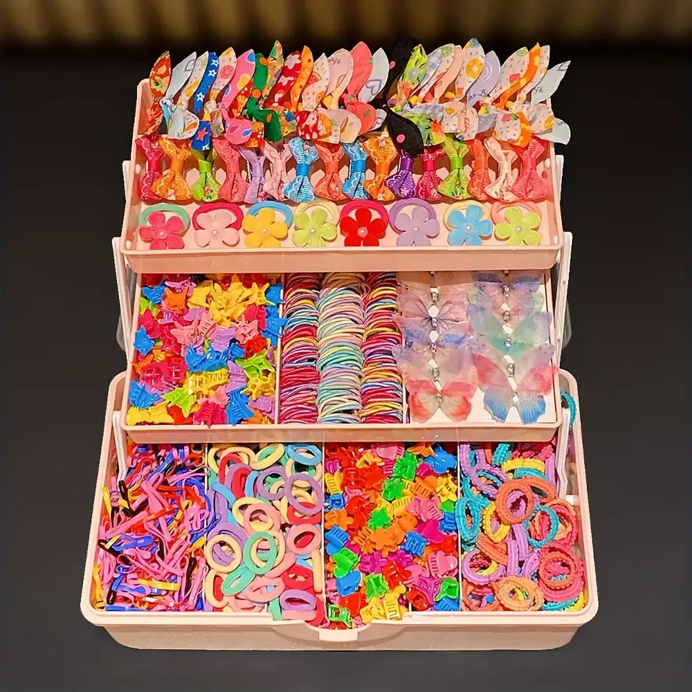 Large pink tiered organizer filled with 555 colorful butterfly hair clips, elastic bands, and mini claw clips for girls.