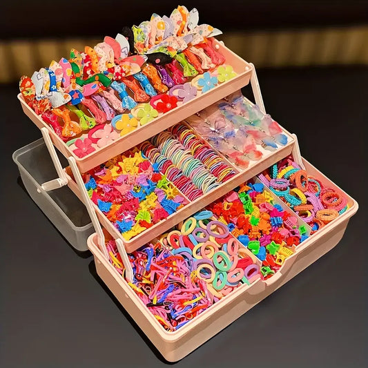 Pink tiered organizer filled with 555 colorful butterfly hair clips, flower clips, and elastic hair ties for girls.
