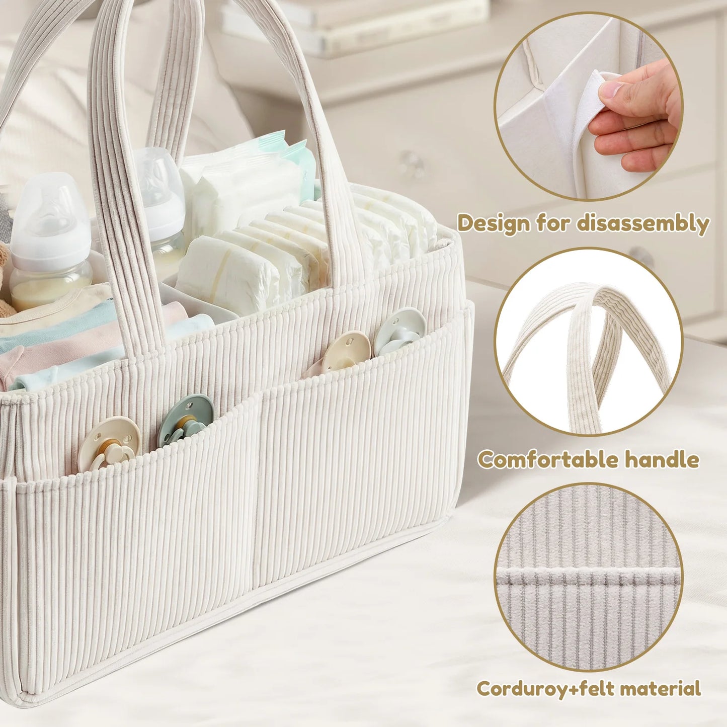 Beige corduroy baby diaper caddy with adjustable dividers, bottles, diapers, and pacifiers, featuring a comfortable handle.