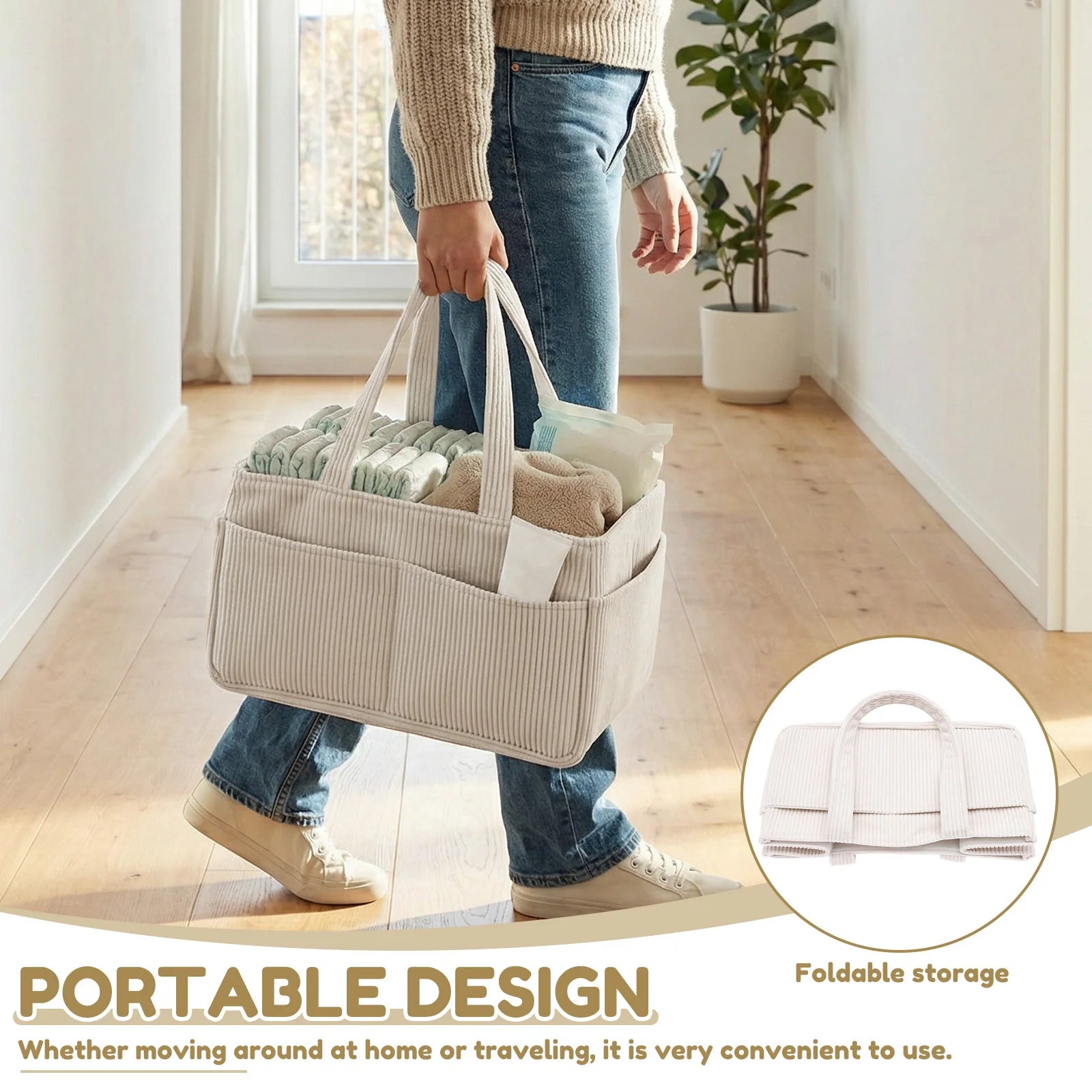 Beige corduroy foldable baby diaper caddy with handles, filled with diapers and baby essentials.