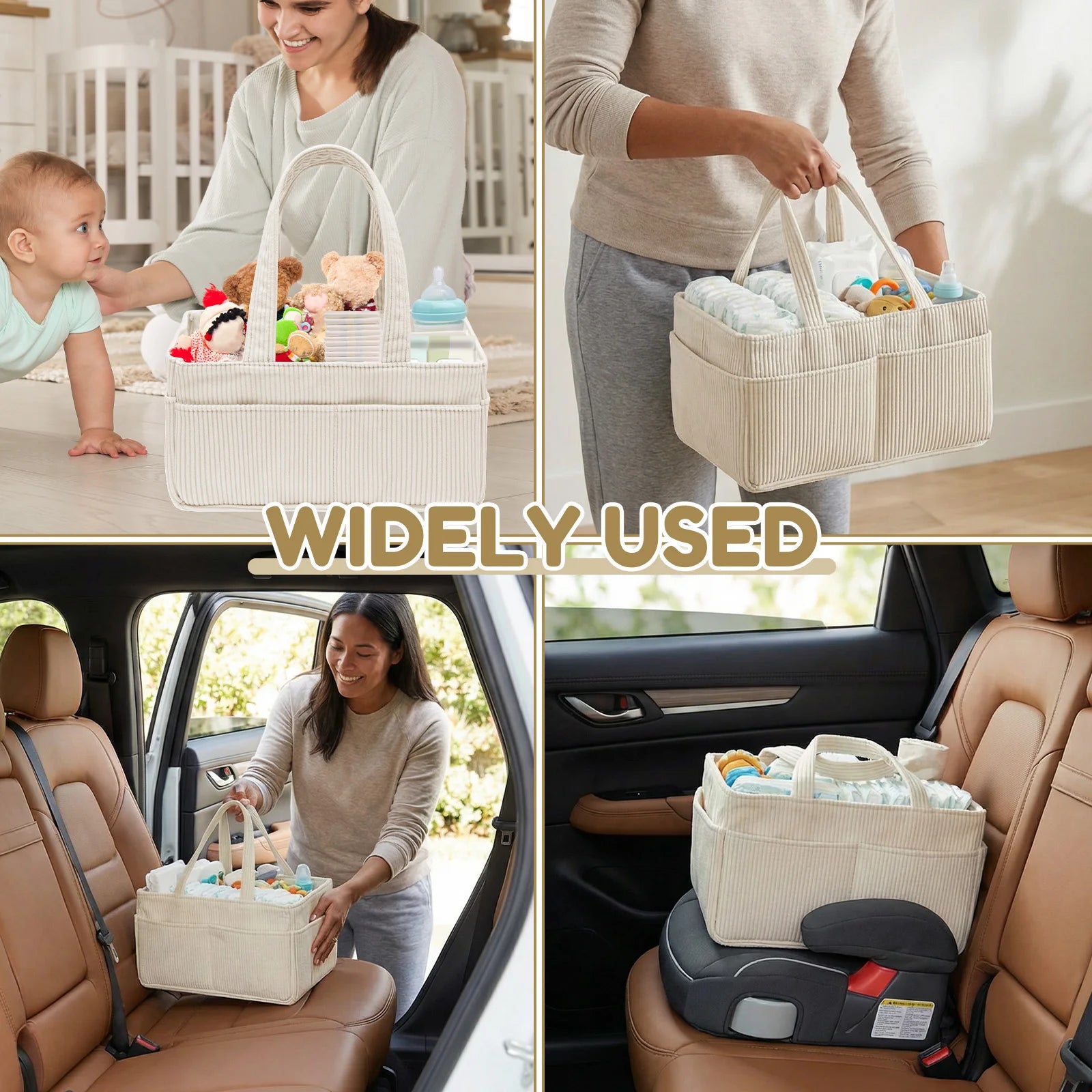 Beige corduroy baby diaper caddy with handles, used for organizing diapers, toys, and essentials at home or in a car.