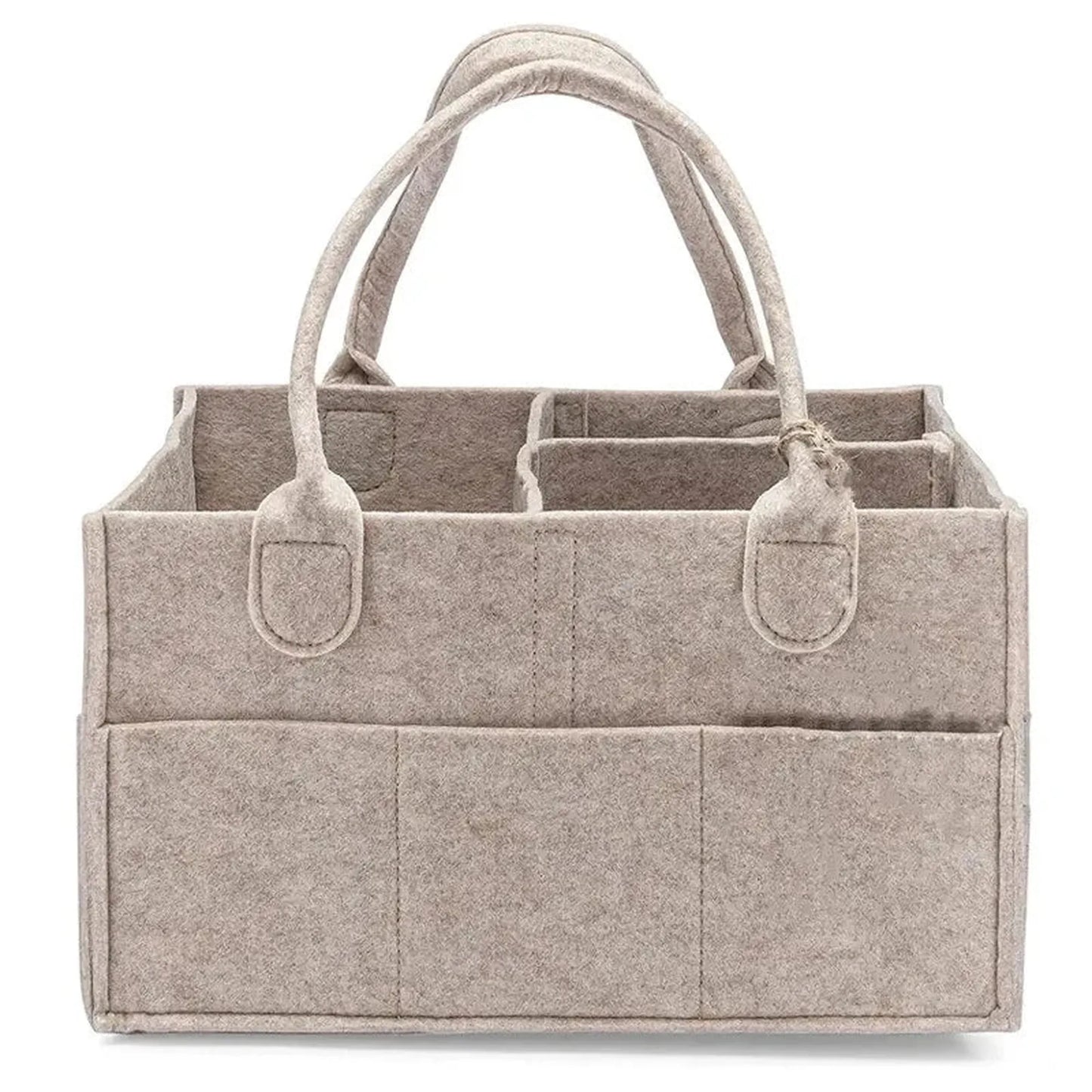 Beige felt diaper caddy with multiple compartments and sturdy handles for baby essentials.