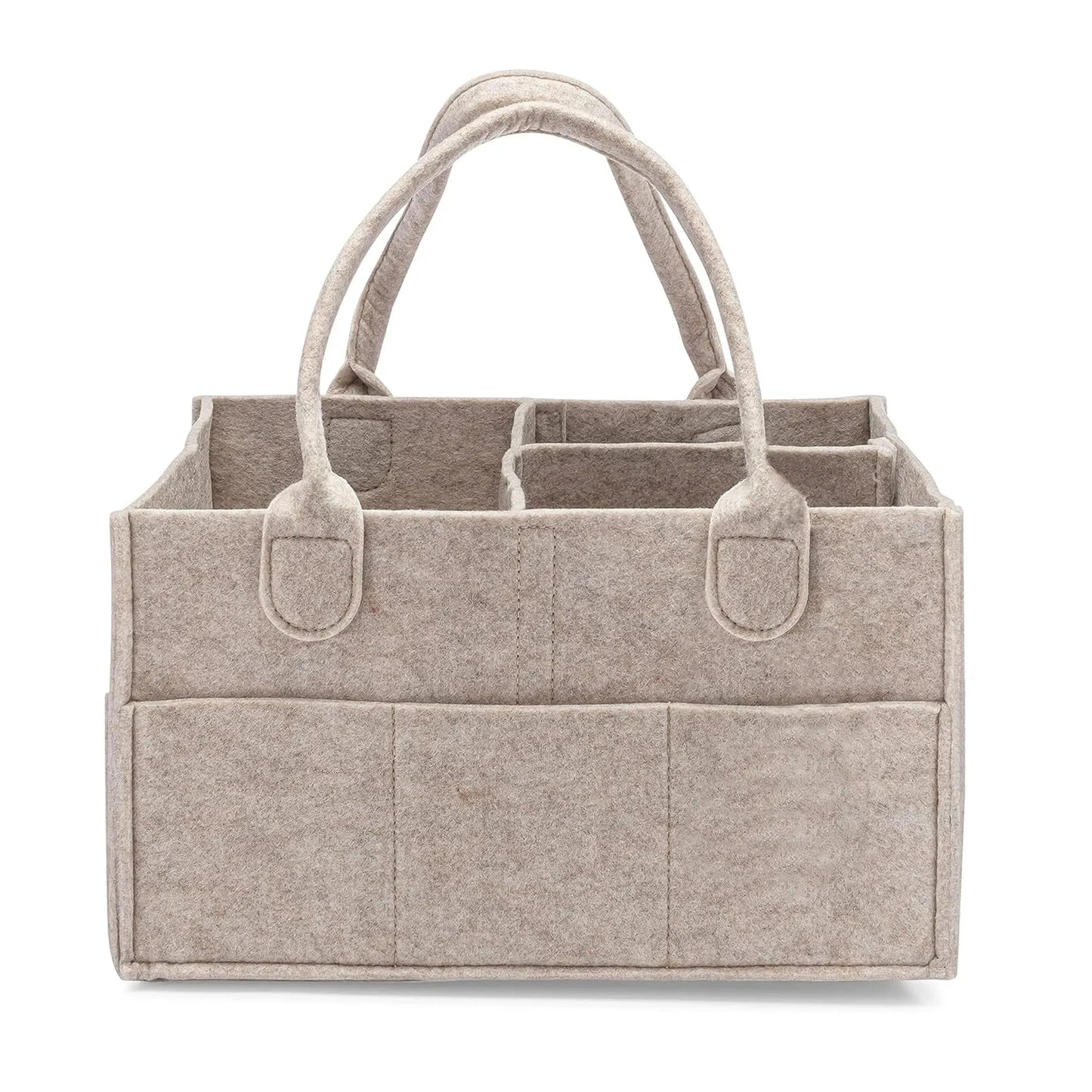 Beige felt baby diaper caddy organizer with multiple compartments and sturdy handles.