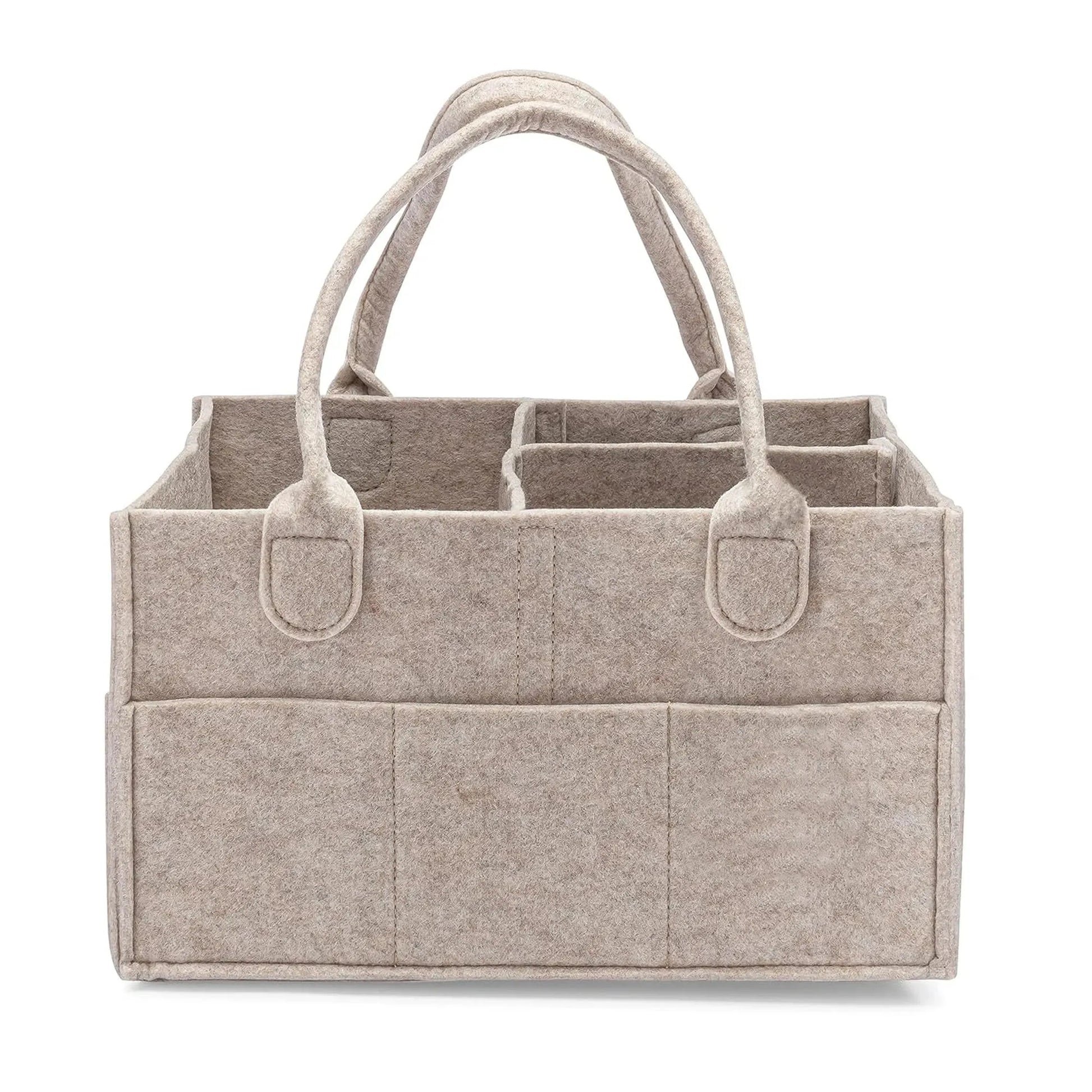 Beige felt baby diaper caddy organizer with multiple compartments and sturdy handles.