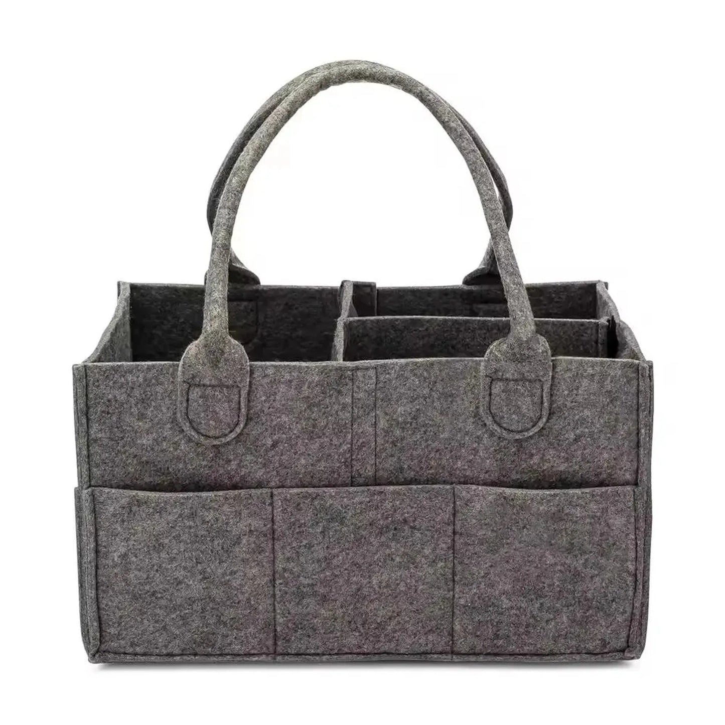 Gray felt portable diaper caddy organizer with handles, multiple compartments, and exterior pockets.
