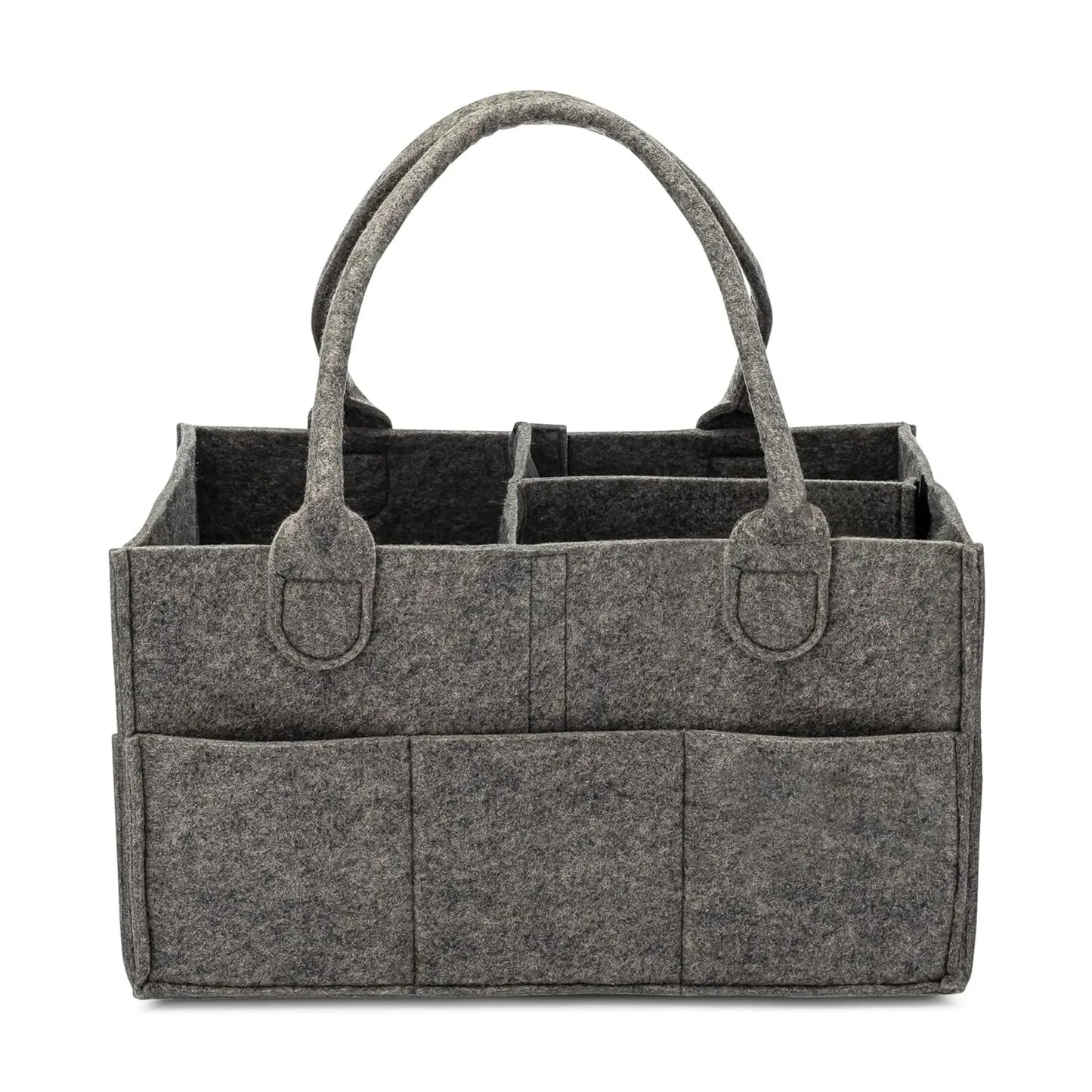Gray felt diaper caddy with handles, multiple compartments, and external pockets for baby essentials.