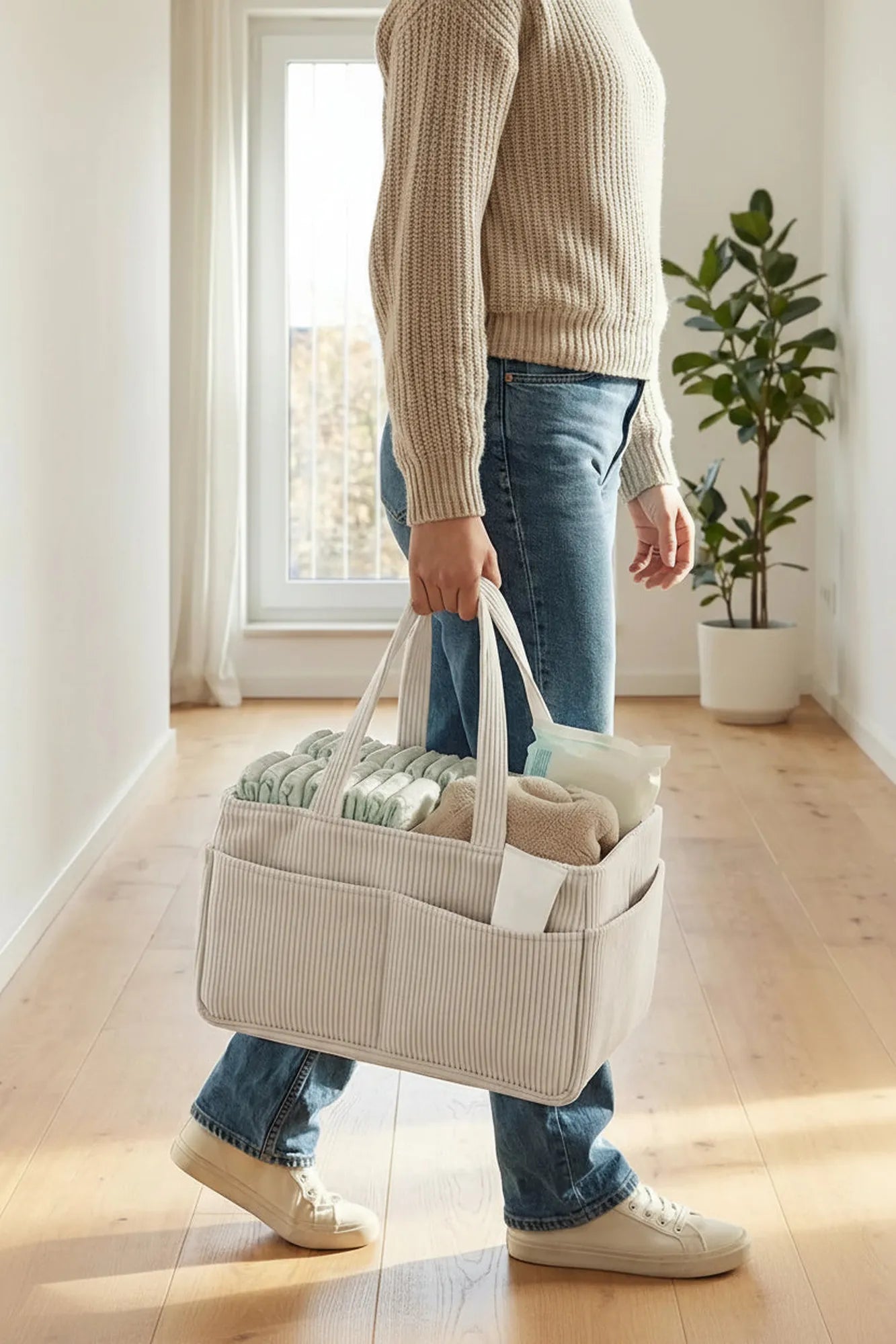 Beige corduroy and felt diaper caddy with striped design, handles, and organized baby essentials.