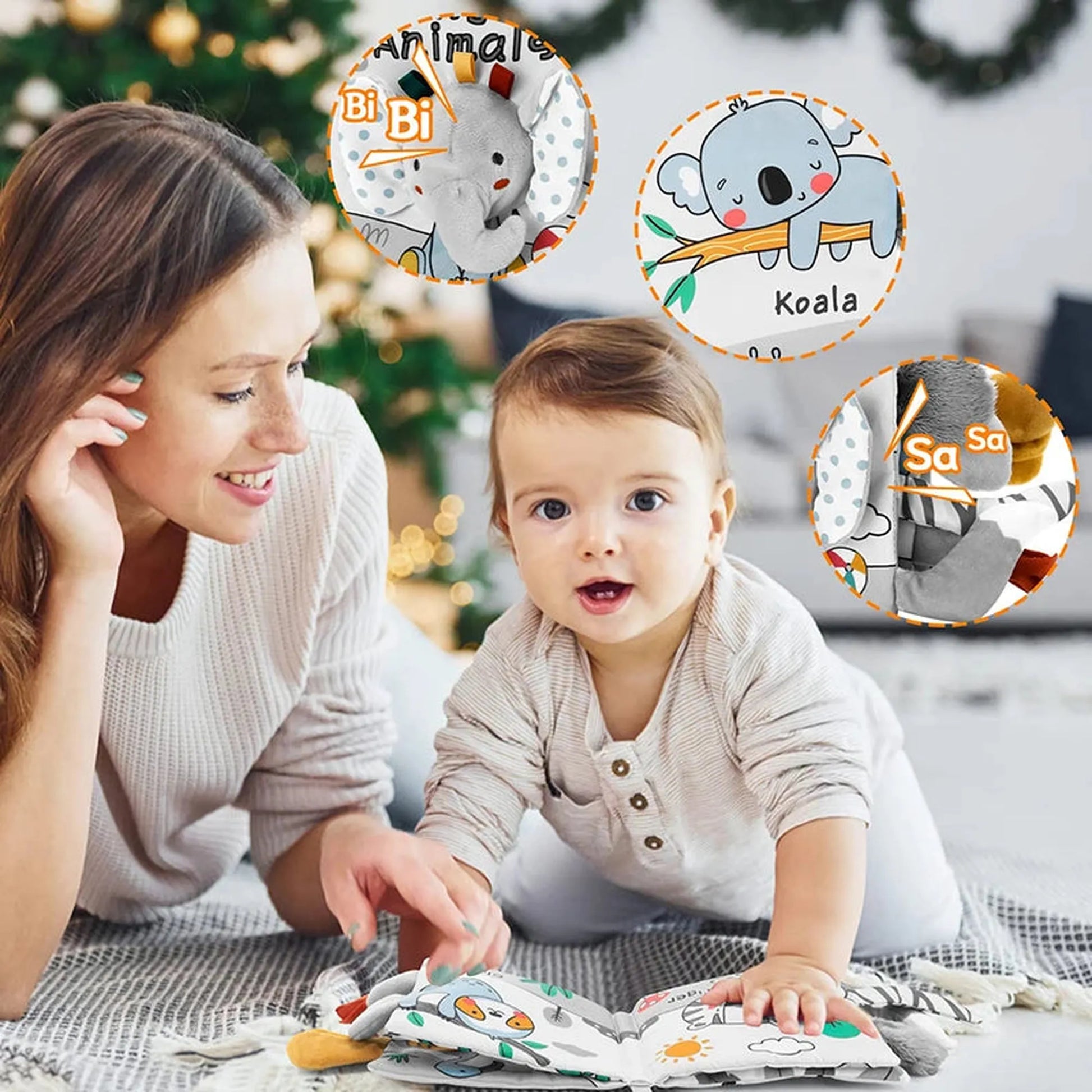 Baby and mom playing with a soft, plush 3D sensory cloth book featuring animal designs.