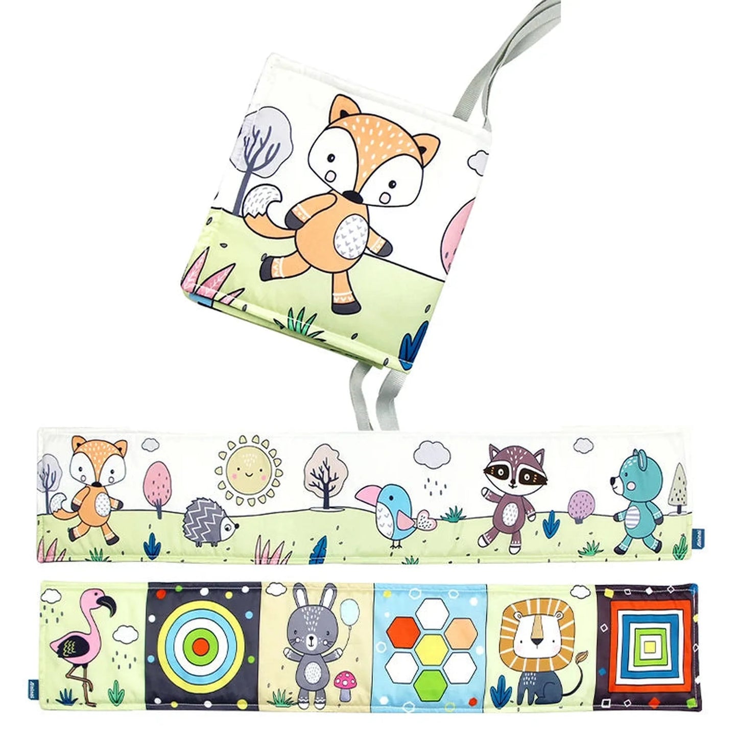 Soft baby cloth book with colorful forest animals, 3D textures, and a crinkly sound.