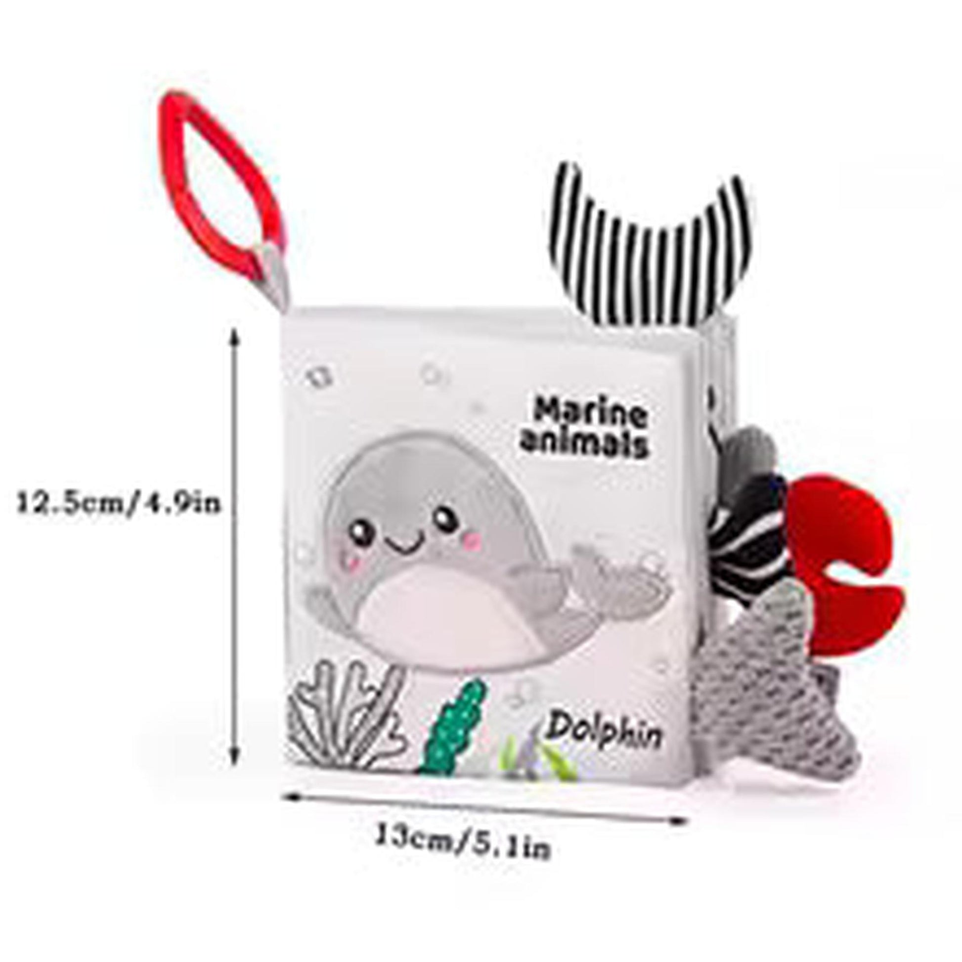 Soft fabric baby book with a cute whale, "Marine animals" text, and sensory 3D elements.
