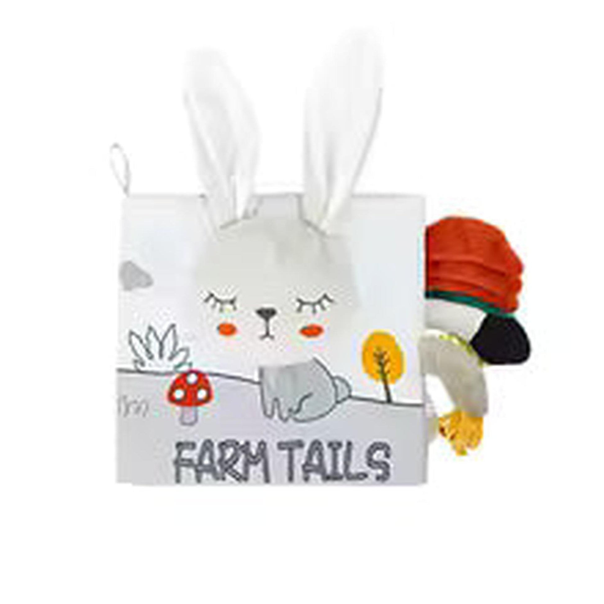 Soft plush baby cloth book with 3D bunny ears, "Farm Tails" text, and colorful animal tails.
