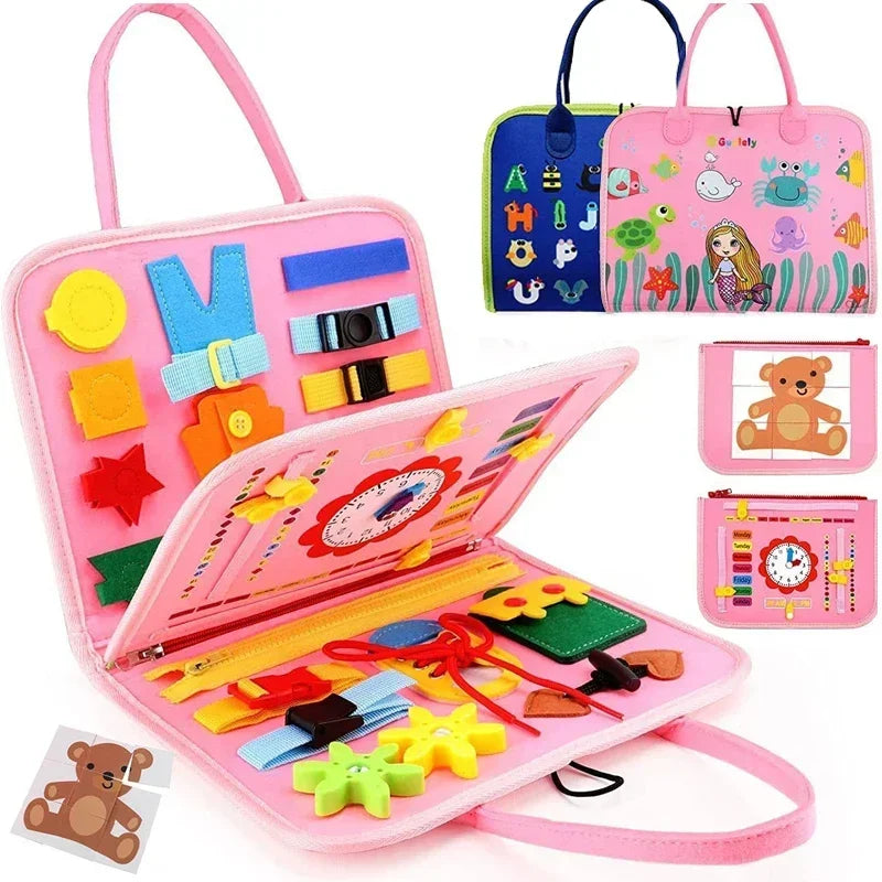 Pink felt Montessori busy board with buckles, zippers, and shapes, plus other color options.