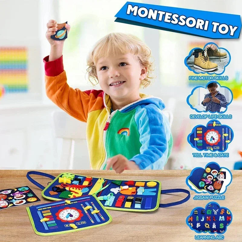 Smiling child playing with a colorful felt Montessori busy board featuring buckles, zippers, and learning activities.