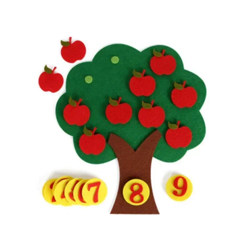 Felt Montessori learning toy: green tree with red apples, yellow numbered circles for counting.