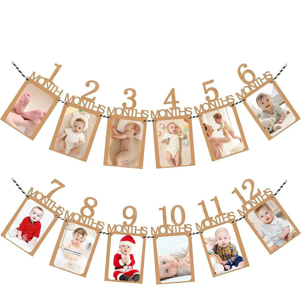 Kraft paper baby's first year photo banner with 12 monthly frames and black/white string.