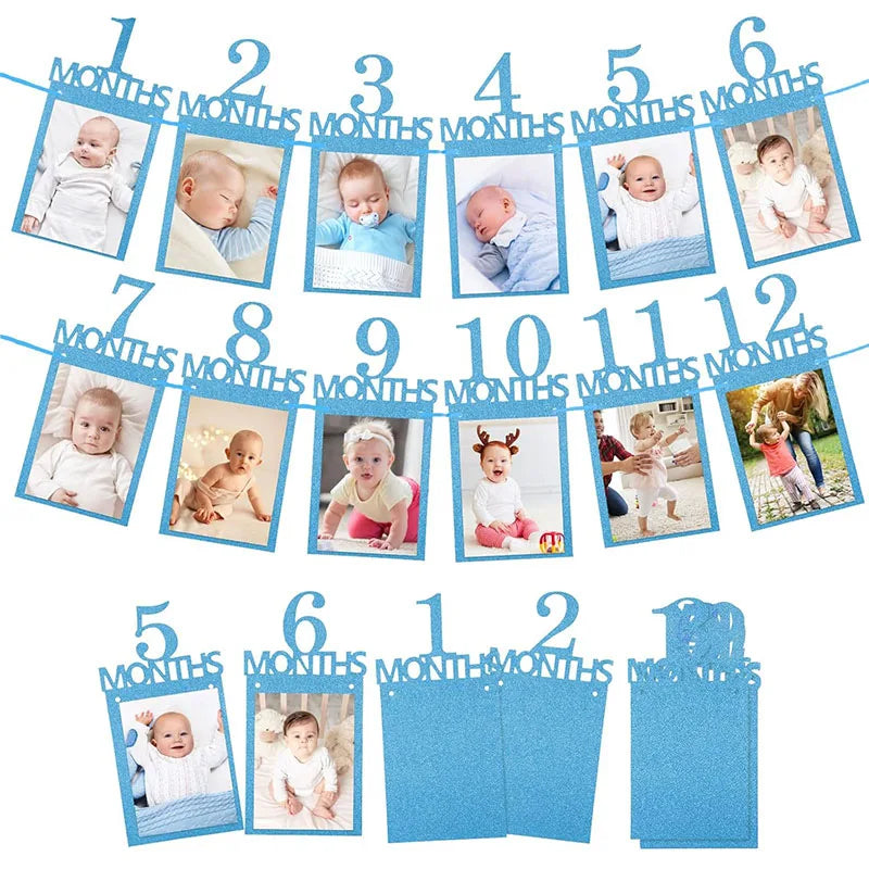 Blue glitter baby monthly photo banner with 12 frames for first year birthday decoration.