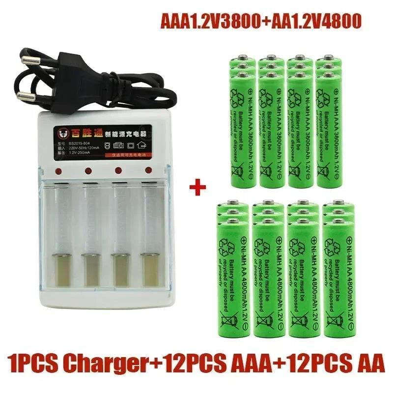 White 4-slot Ni-MH battery charger with black plug, plus 12 green AAA 3800mAh and 12 AA 4800mAh rechargeable batteries.