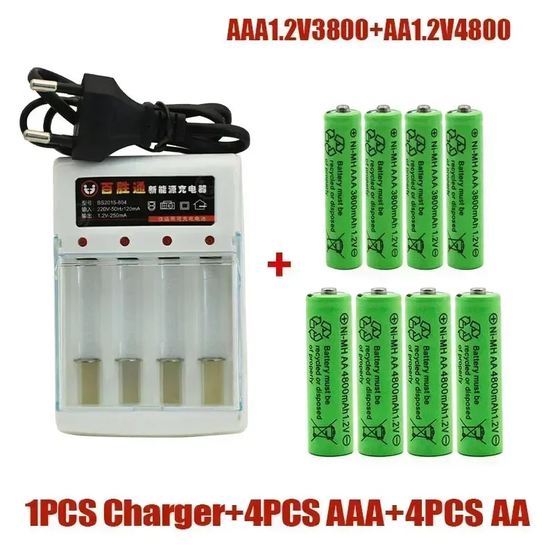White 4-slot Ni-MH battery charger with black plug, 4 green AAA 3800mAh, and 4 green AA 4800mAh batteries.