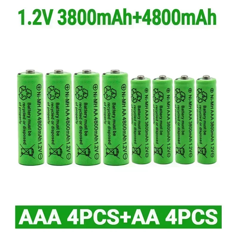 Green Ni-MH rechargeable AA 4800mAh and AAA 3800mAh 1.2V batteries, 4 of each size.