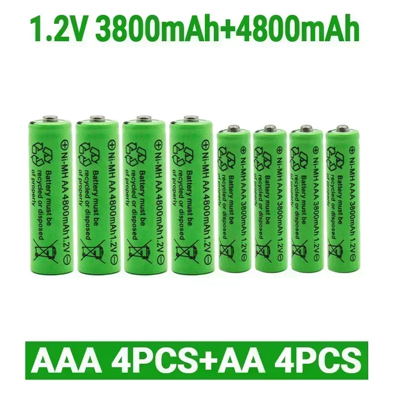 Green Ni-MH rechargeable AA and AAA batteries, 1.2V, 3800mAh and 4800mAh capacities.