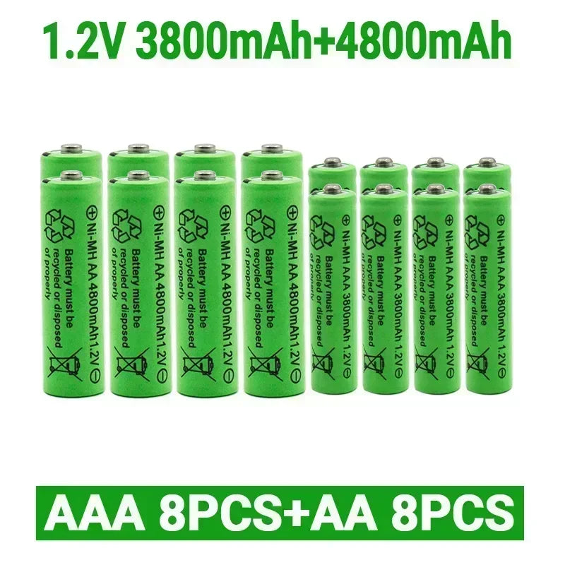 Green Ni-MH rechargeable AA and AAA batteries, 1.2V, 3800mAh and 4800mAh, with recycling symbols.