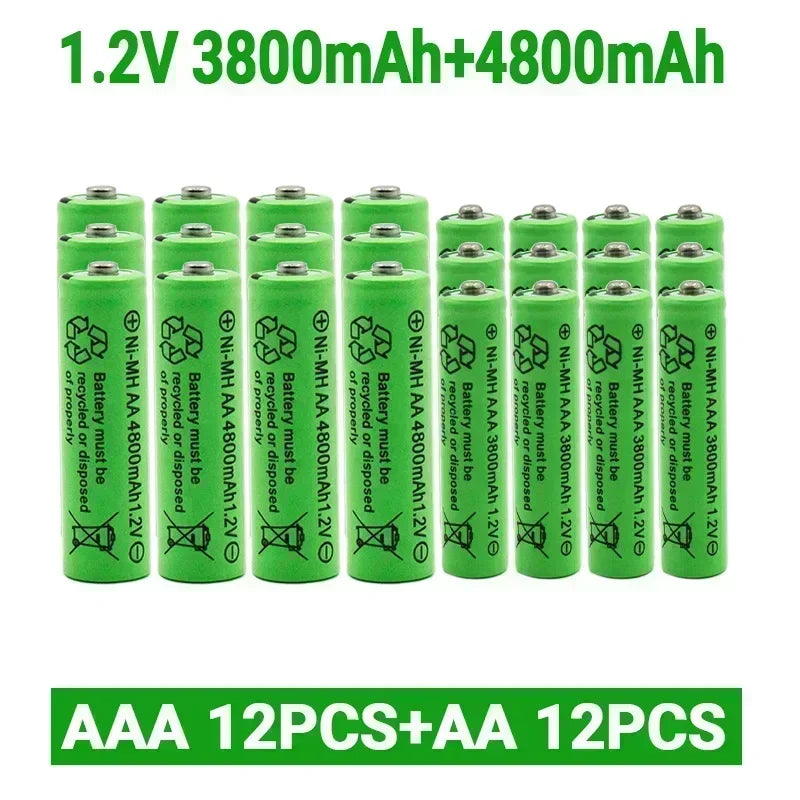 Green Ni-MH rechargeable AA and AAA batteries, 12 of each, with 3800mAh and 4800mAh capacities.