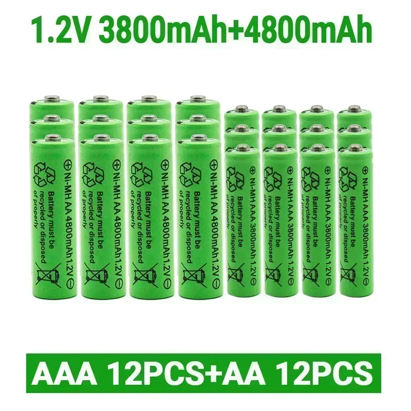 Green Ni-MH AA 4800mAh and AAA 3800mAh 1.2V rechargeable batteries, 24-pack.