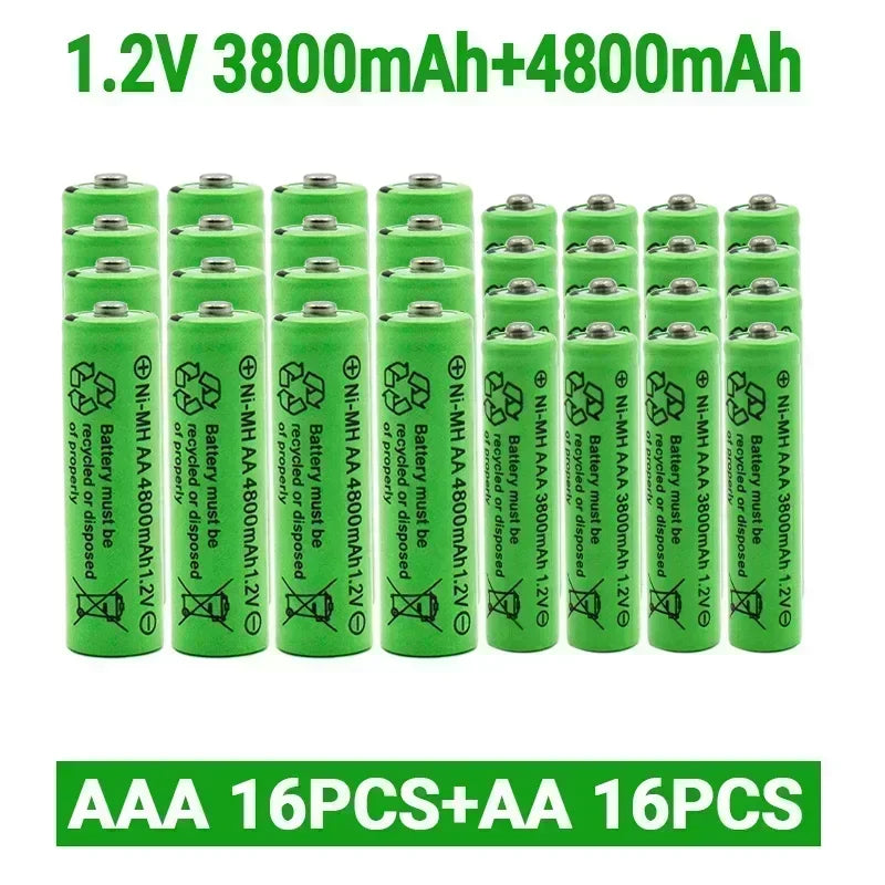 Green Ni-MH rechargeable AA and AAA batteries, 1.2V, 3800mAh and 4800mAh, for toys and devices.