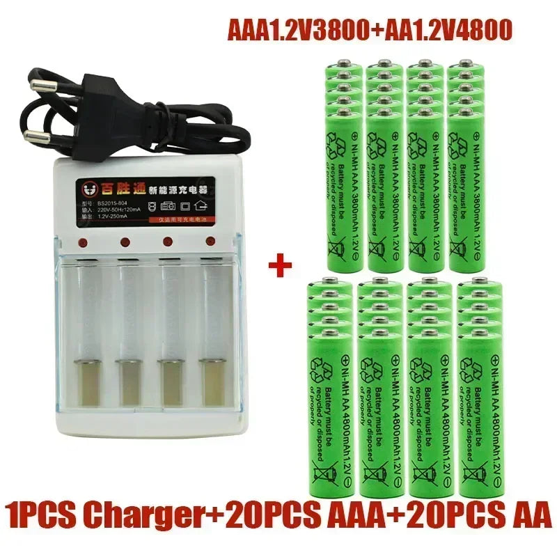 Green Ni-MH AA and AAA rechargeable batteries with a white 4-slot battery charger.