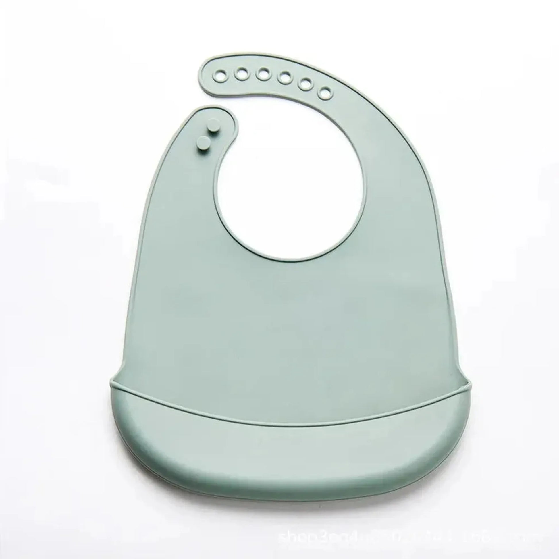 Soft green silicone baby bib with adjustable neck closure and food-catching pocket.