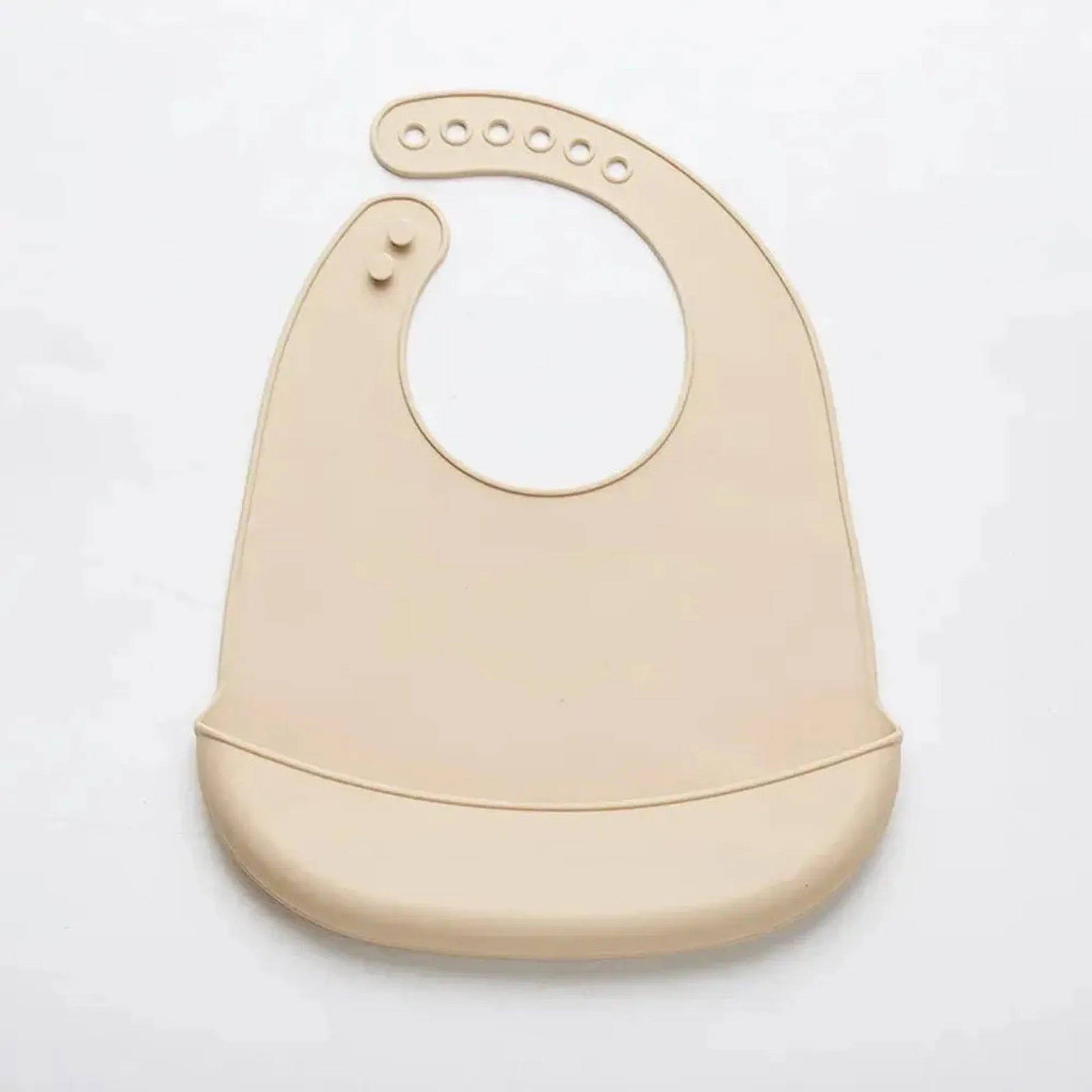 Waterproof, adjustable beige silicone baby bib with a catch-all pocket.