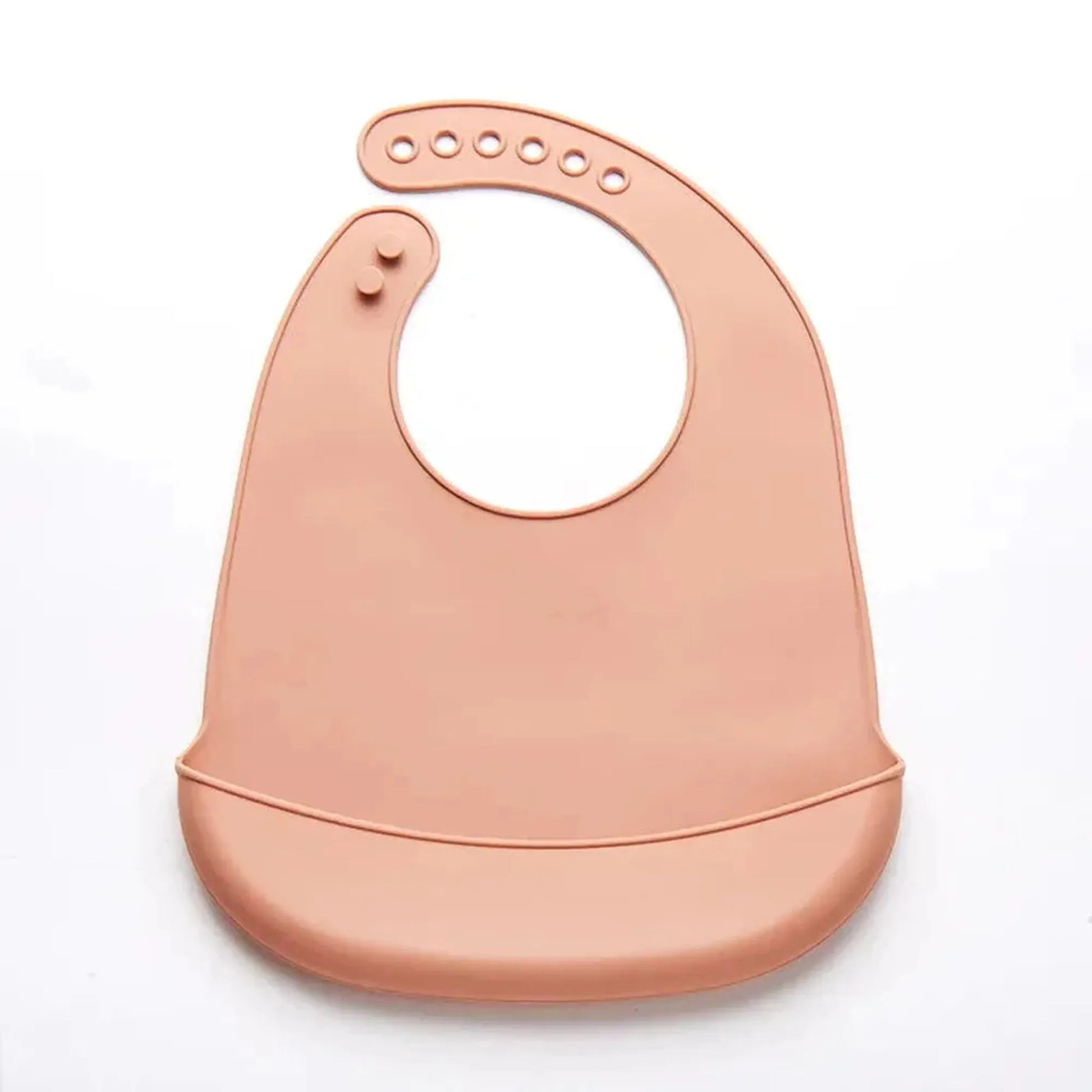 Soft pink waterproof silicone baby bib with adjustable neck closure and food-catching pocket.