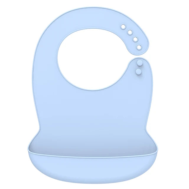 Light blue silicone baby bib with adjustable neck and deep food-catching pocket.