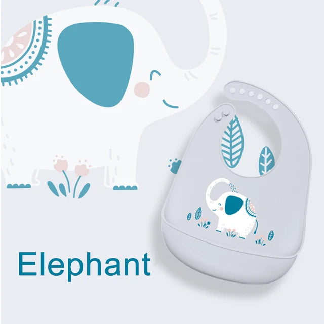 Soft gray silicone baby bib with an adorable white and blue elephant design and adjustable neck.