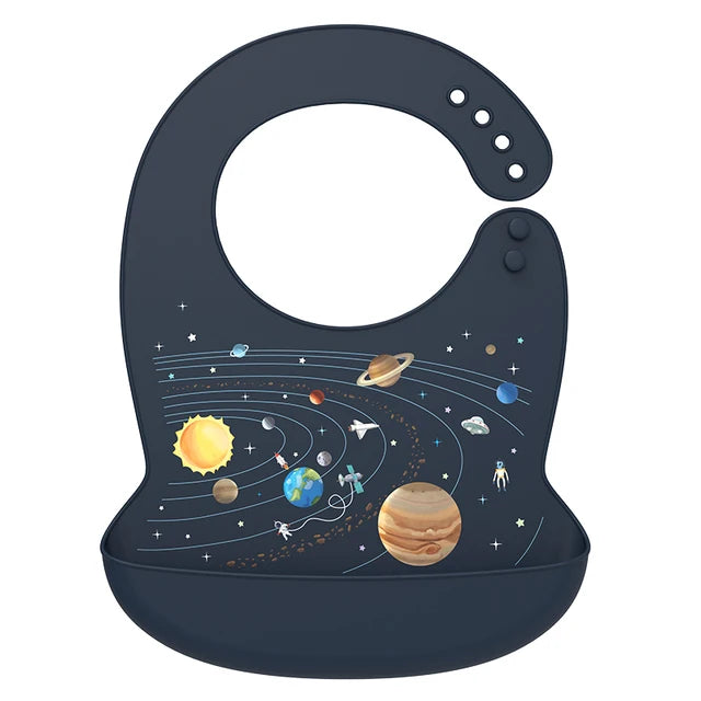 Dark blue silicone baby bib with adjustable neck and deep pocket, featuring a colorful solar system design.
