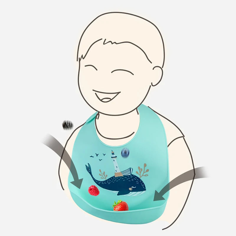 Adjustable, soft, waterproof silicone baby bib in teal with a whale and lighthouse design.