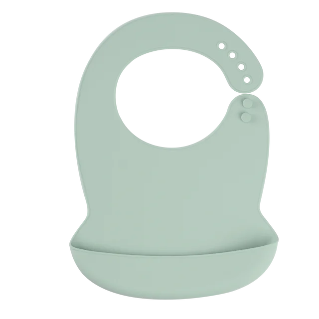 Soft mint green silicone baby bib with adjustable neck and deep food-catching pocket.