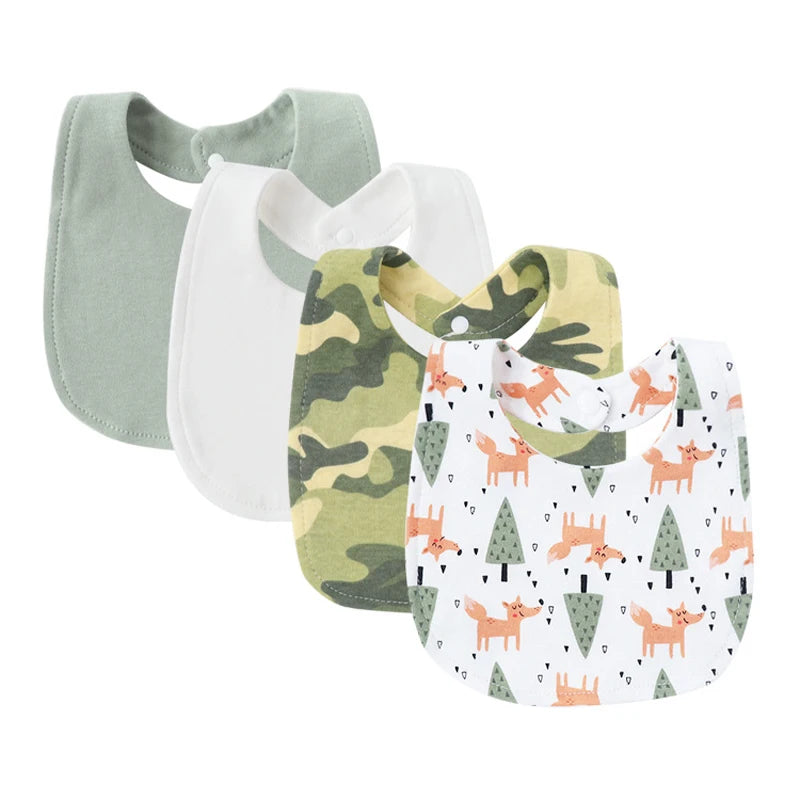 Set of 4 cotton baby bibs: sage green, white, camouflage, and white with fox and tree print.