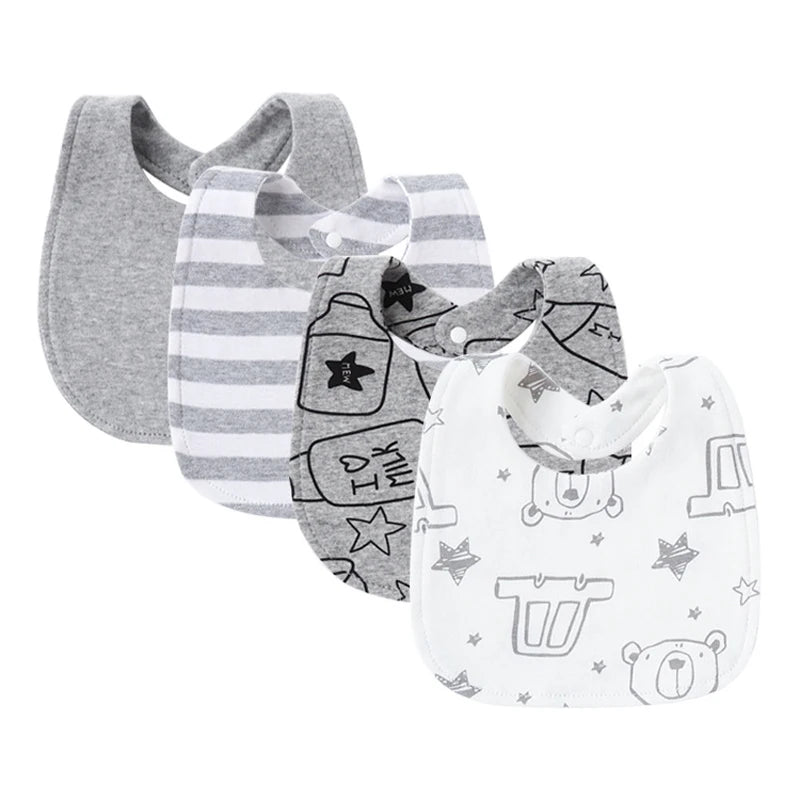 Set of 4 unisex cotton baby bibs in gray and white with stripes, bears, and milk bottle patterns.