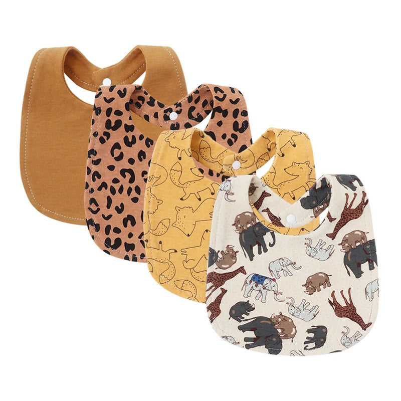 Set of 4 unisex cotton baby bibs: solid brown, leopard print, fox print, and animal print.