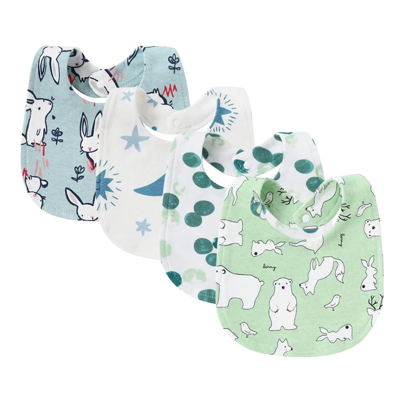 Set of four 100% cotton baby bibs with animal and star cartoon patterns in blue, white, and green.