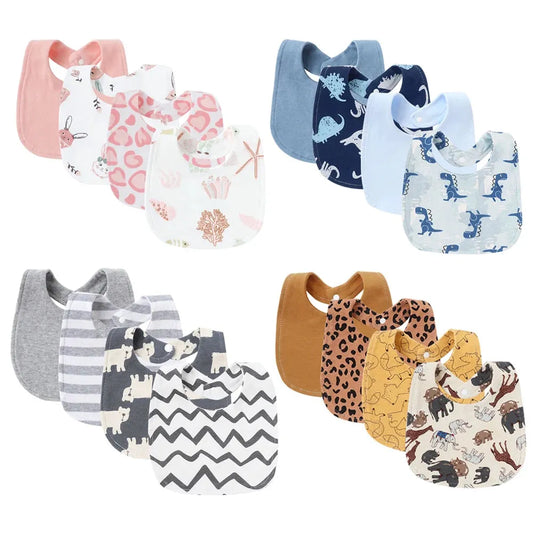 Four sets of 100% cotton baby bibs in various colors and cartoon patterns, including pink, blue, gray, and brown.