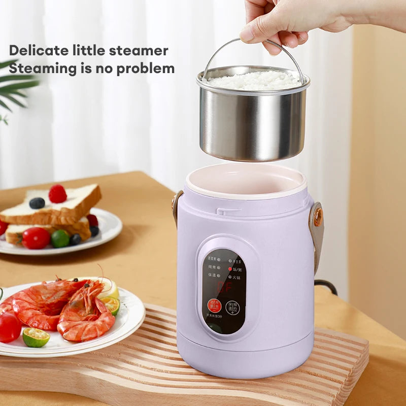 Purple 800ml portable electric rice cooker and travel kettle with stainless steel inner pot.